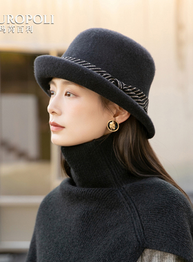 法式黑色羊毛渔夫帽女士冬新款盆帽蝴蝶结毛呢礼帽卷边显脸小帽子