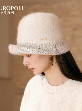 秋冬白色渔夫帽女兔羊毛法式复古帽子女款2025新款卷边显脸小盆帽