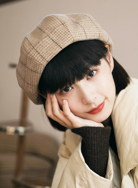 格纹贝雷帽女秋冬八角帽日系韩版百搭羊毛女士时尚画家帽冬季帽子