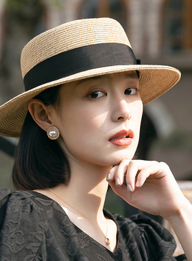 草帽女夏季2025新款遮阳帽女款防晒女士帽子草编平顶太阳帽女法式