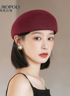 贝雷帽女羊毛帽子复古礼帽女款秋冬新款法式时尚红色毛呢帽子女士