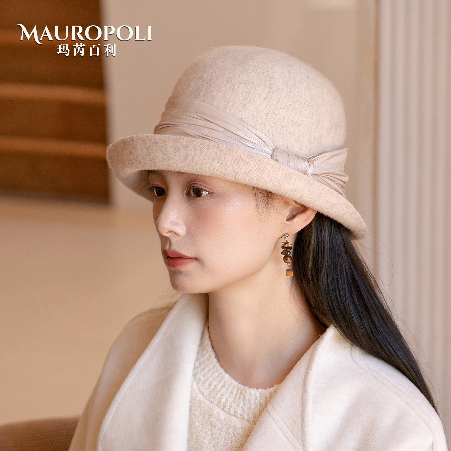 法式卷边白色渔夫帽女显脸小礼帽