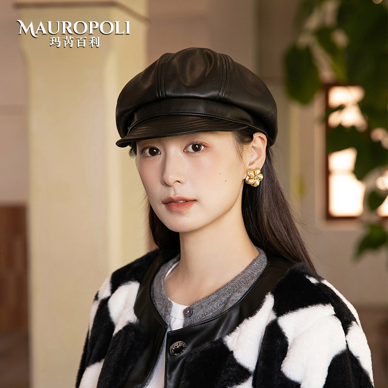 鸭舌帽女款秋冬PU皮质软顶报童帽