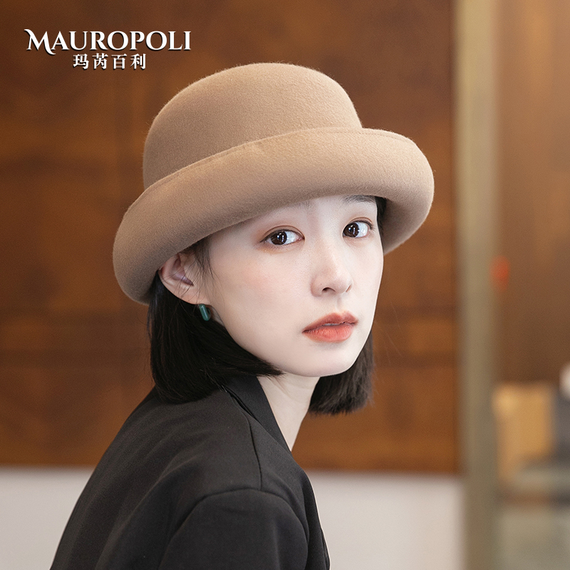 羊毛礼帽女秋冬新款逛街毡帽英伦复古名媛卷边帽子女保暖洋气盆帽