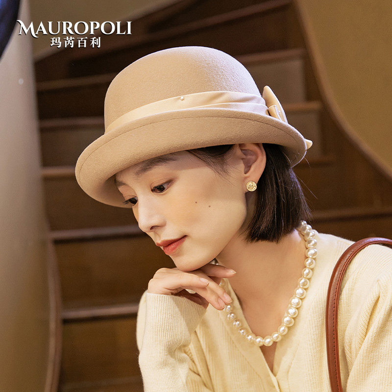 mauropoli羊毛渔夫帽女秋冬卷边