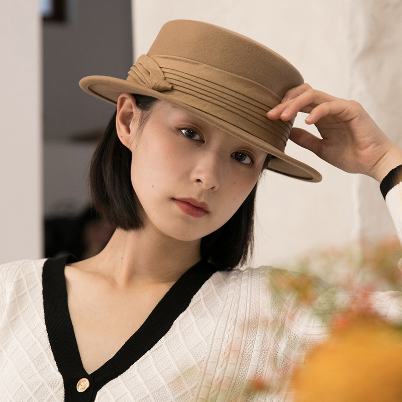 新款秋冬羊毛礼帽英伦平檐毛呢女