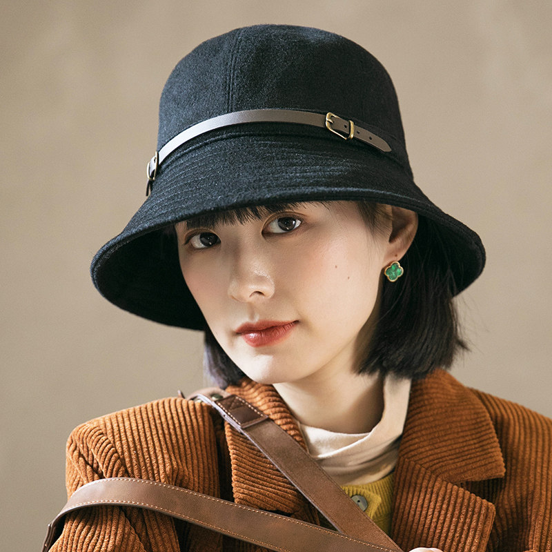 秋冬复古文艺大檐皮带羊毛渔夫帽
