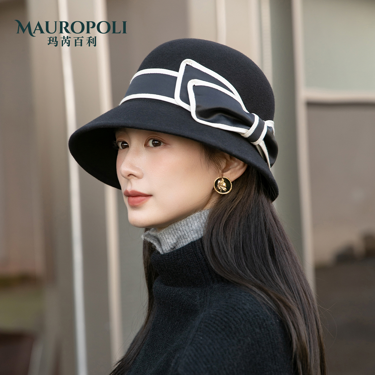 100%羊毛赫本风渔夫帽女黑色礼帽