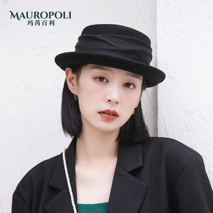 黑色卷边礼帽女秋冬新款法式羊毛毡帽女时尚名媛优雅平顶毛呢帽子