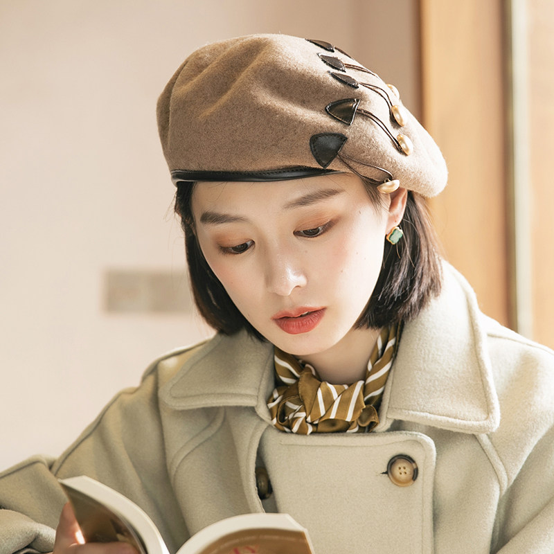 英伦复古风毛呢铆钉女士画家帽