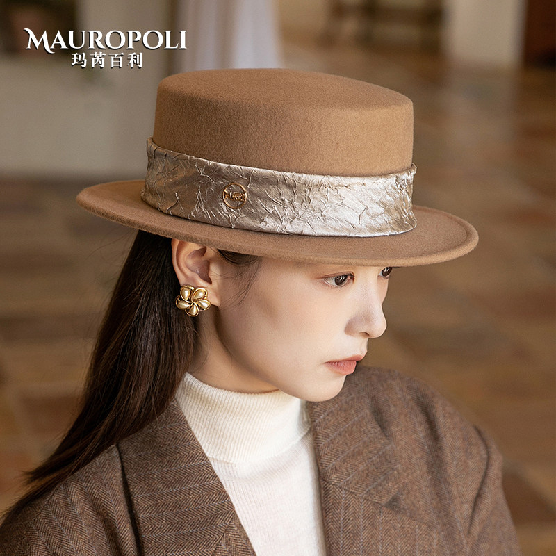 礼帽女秋冬平檐纯羊毛平顶毡帽