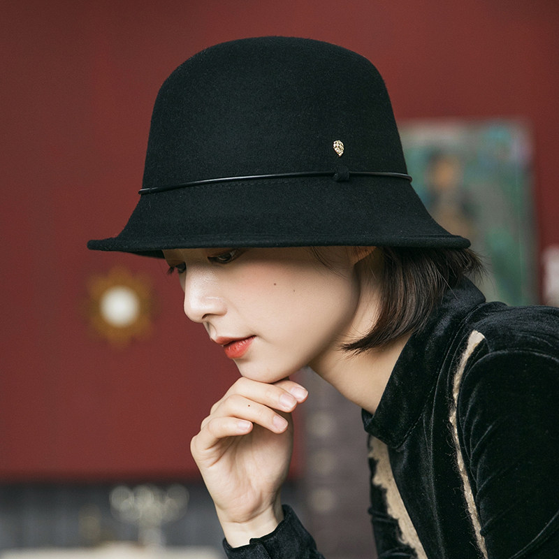 秋冬黑色礼帽女英伦复古羊毛毡帽韩版百搭法式卷边毛呢帽子可调节