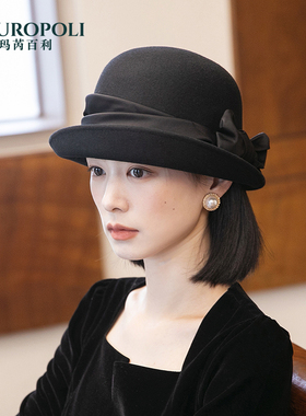 羊毛礼帽女秋冬法式卷边盆帽时尚毡帽女英伦复古优雅毛呢渔夫帽女