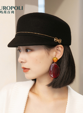 鸭舌帽女短檐黑色优雅气质羊毛帽子女秋冬新款复古英伦马术帽女潮