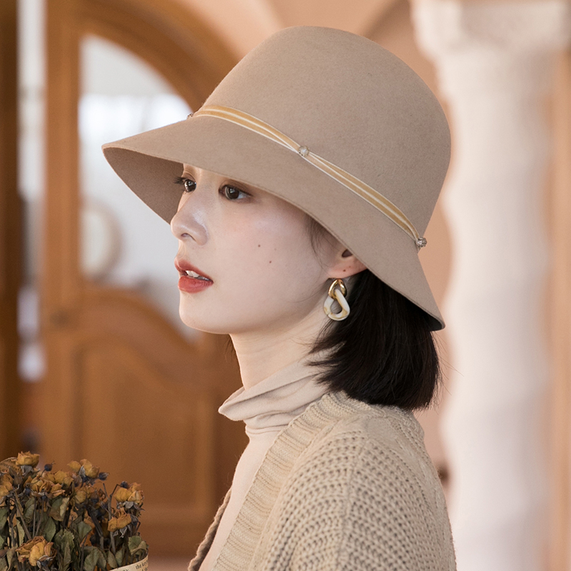 新款羊毛渔夫帽女秋冬韩版百搭毛呢毡帽时尚大檐英伦礼帽冬季帽子