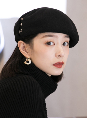 新款贝雷帽女秋冬羊毛黑色画家帽英伦保暖百搭帽子冬季女士蓓蕾帽
