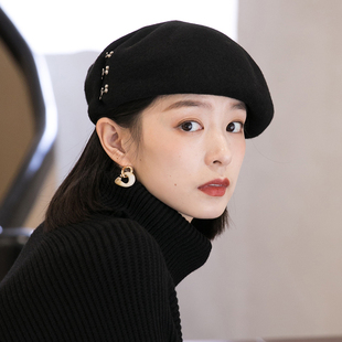 新款贝雷帽女秋冬羊毛黑色画家帽英伦保暖百搭帽子冬季女士蓓蕾帽