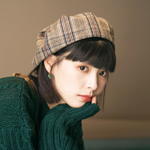 格纹贝雷帽女秋冬日系韩版百搭褶皱蓓蕾帽女士时尚休闲帽子画家帽