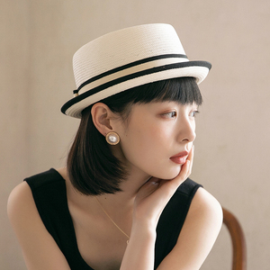 法式卷边小礼帽女夏季英伦复古草帽时尚白色短檐平顶帽防晒帽子女