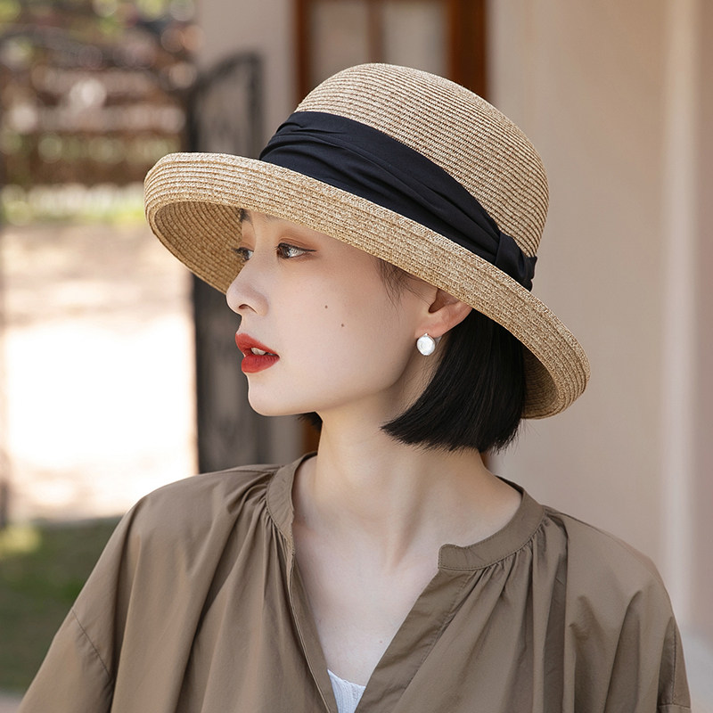女款2026新款草帽老钱风法式大帽檐可折叠平顶圆巨好看的遮阳帽子