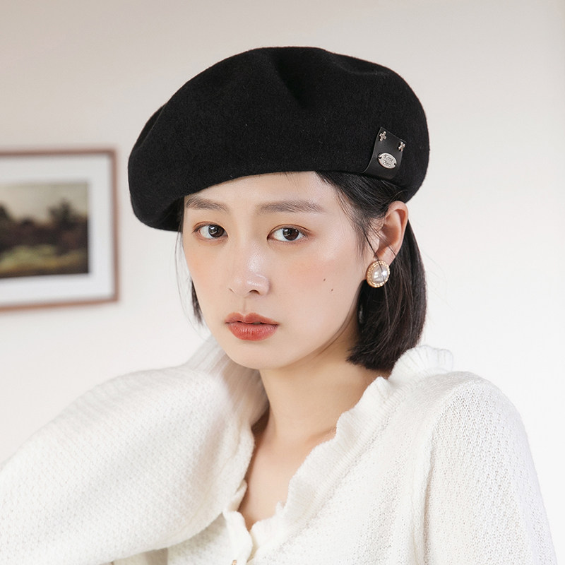 贝雷帽女春秋款时尚百搭韩系羊毛画家帽黑色秋冬南瓜帽毛呢帽子女