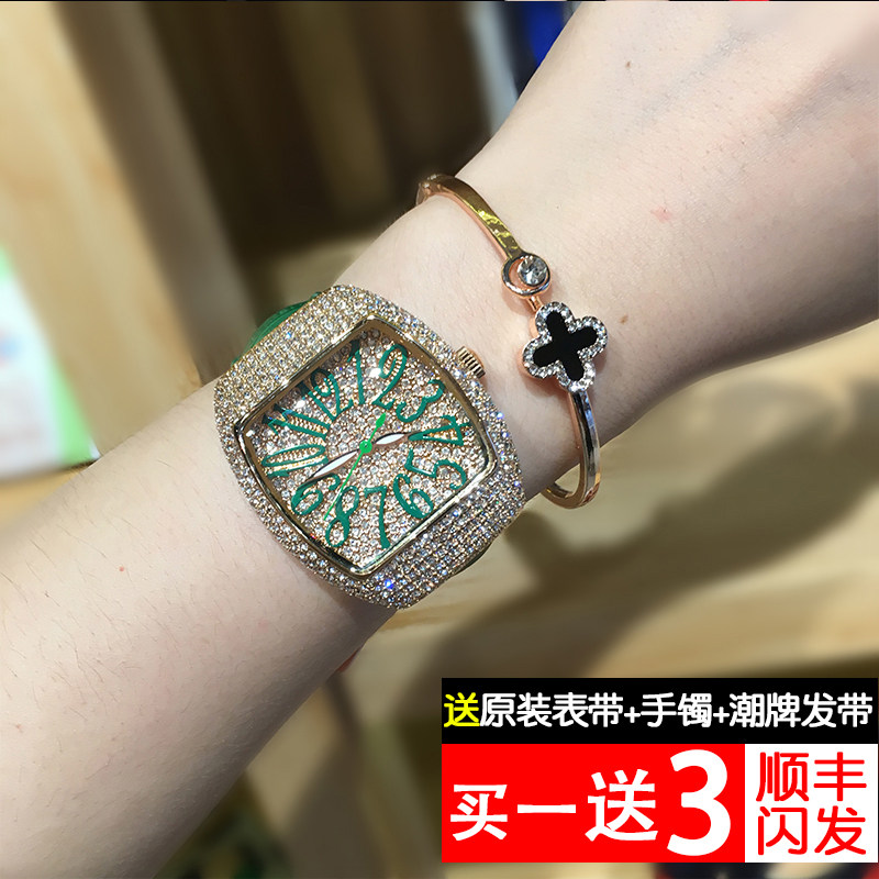 蒂玮娜正品水晶女士手表真皮带复古水钻表 酒桶大表盘石英时装表