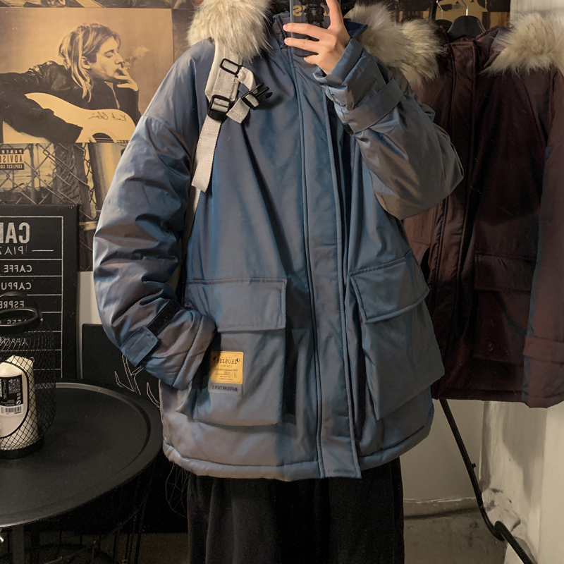 Winter fashion trend men's color changing cotton padded coat with large wool collar coat and loose cotton jacket