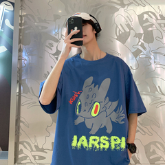 2021 men's Hong Kong style short sleeve summer cotton printed Korean half sleeve loose round neck top