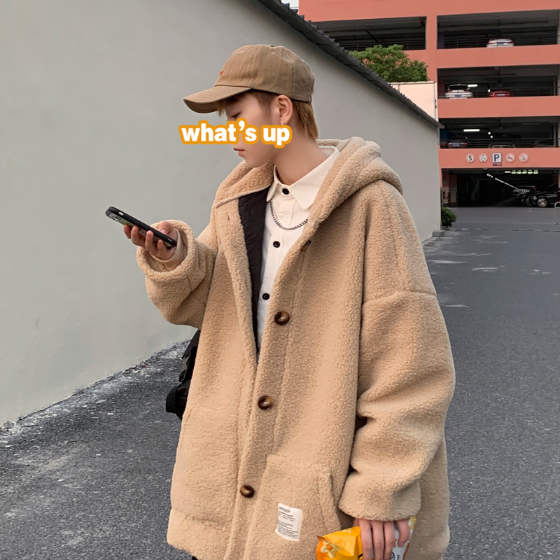 Winter Hong Kong Style cool cotton padded men's loose lamb wool hooded cotton jacket jacket