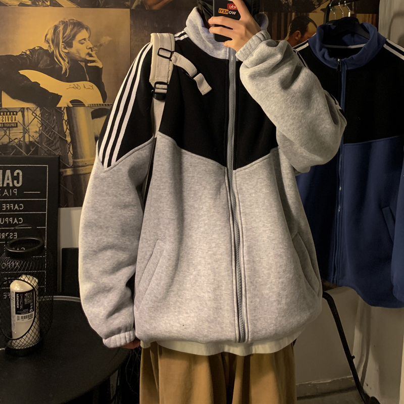 Hong Kong Style cardigan sweater men's loose casual trend Plush thickened contrast coat