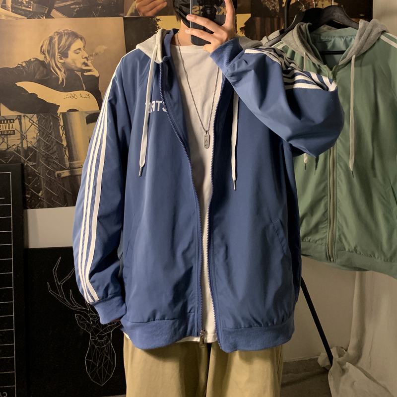 Fall new three bar Casual Jacket Top loose hooded trendy hooded man