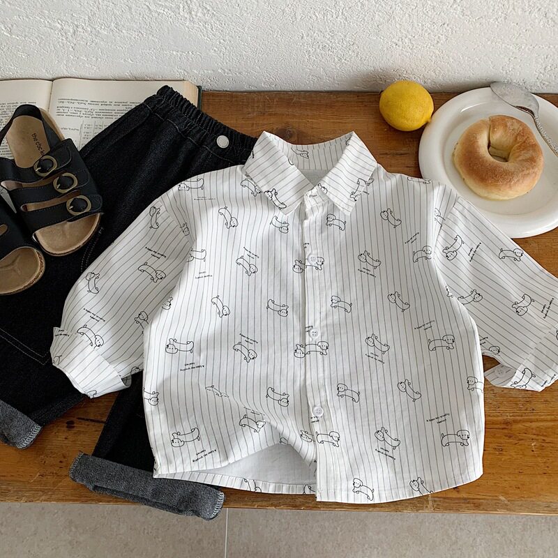 儿童装男童春装衬衫2026新款中小童春秋款男孩白色长袖衬衣涂鸦