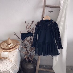 黑色蕾丝网纱女宝连体泳装 宝宝韩版 衣送泳帽 新款 女童泳衣2024夏季