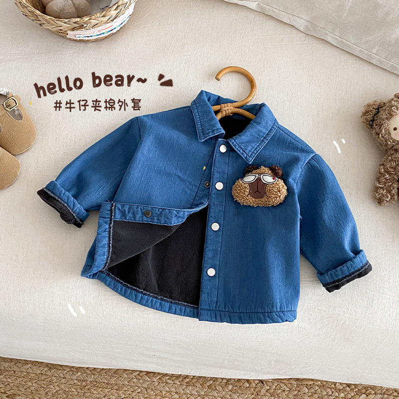 儿童小熊玩偶牛仔加绒外套2026新款冬季男女童韩版加绒保暖外套潮