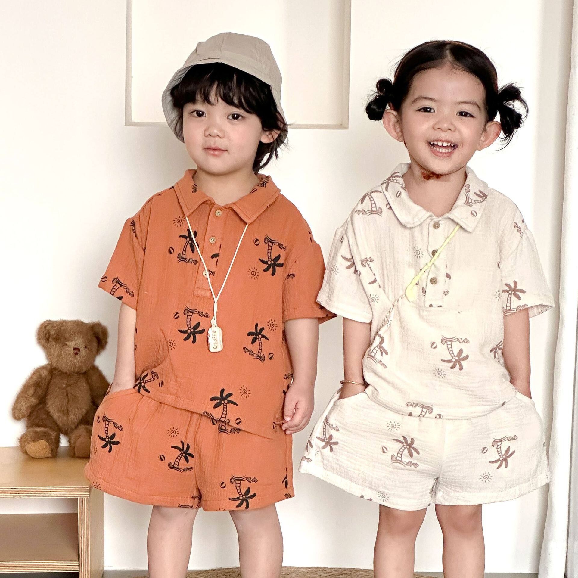 2026新款夏装薄款男童短袖T恤短裤儿童夏季套装纯棉纱布女童宝宝