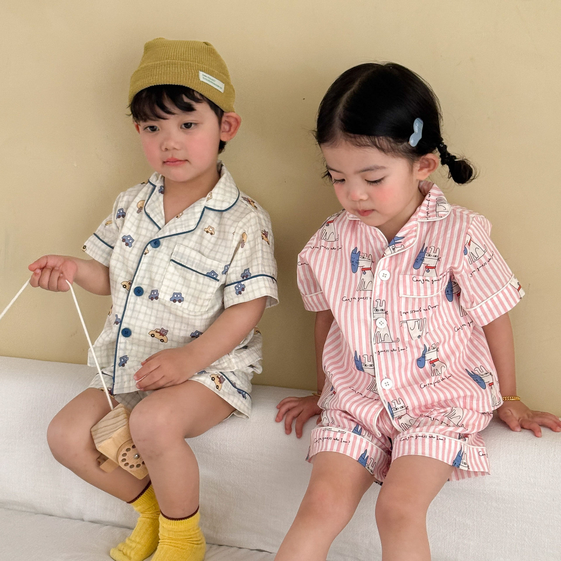 儿童睡衣夏季薄款女童条纹2026新款男童短袖裤小孩宝宝纯棉家居服