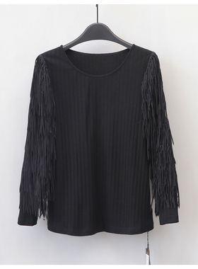 姿Z高端大牌女装折扣专柜正品1690秋时尚圆领流苏拼接长袖针织衫