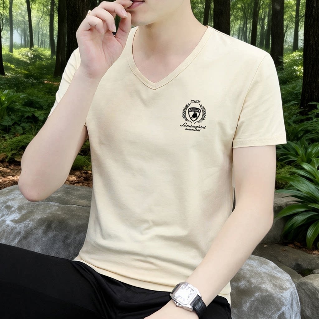 短袖冰丝纯棉T恤男时尚透气户外运动上衣速干汗衫打底小衫V领小领