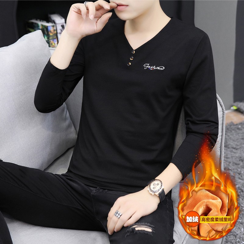 一体绒保暖上衣V领男款秋装纯棉