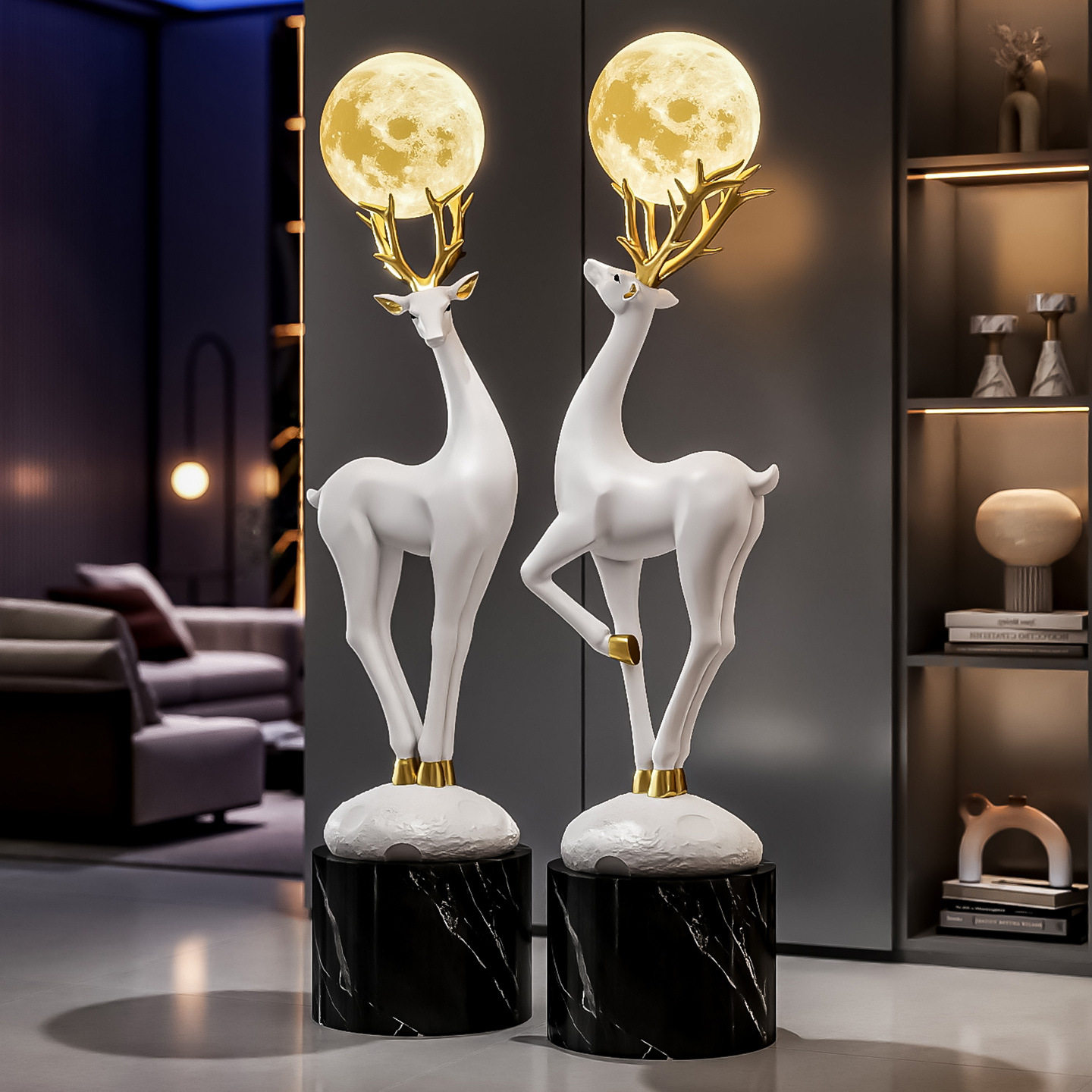 月球灯福鹿双全落地摆件酒店会所客厅装饰品乔迁送礼树脂工艺品