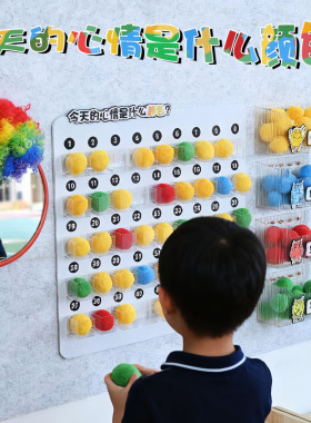 幼儿园环创创意心情多巴胺毛球小丑签到台手工diy墙面氛围布置