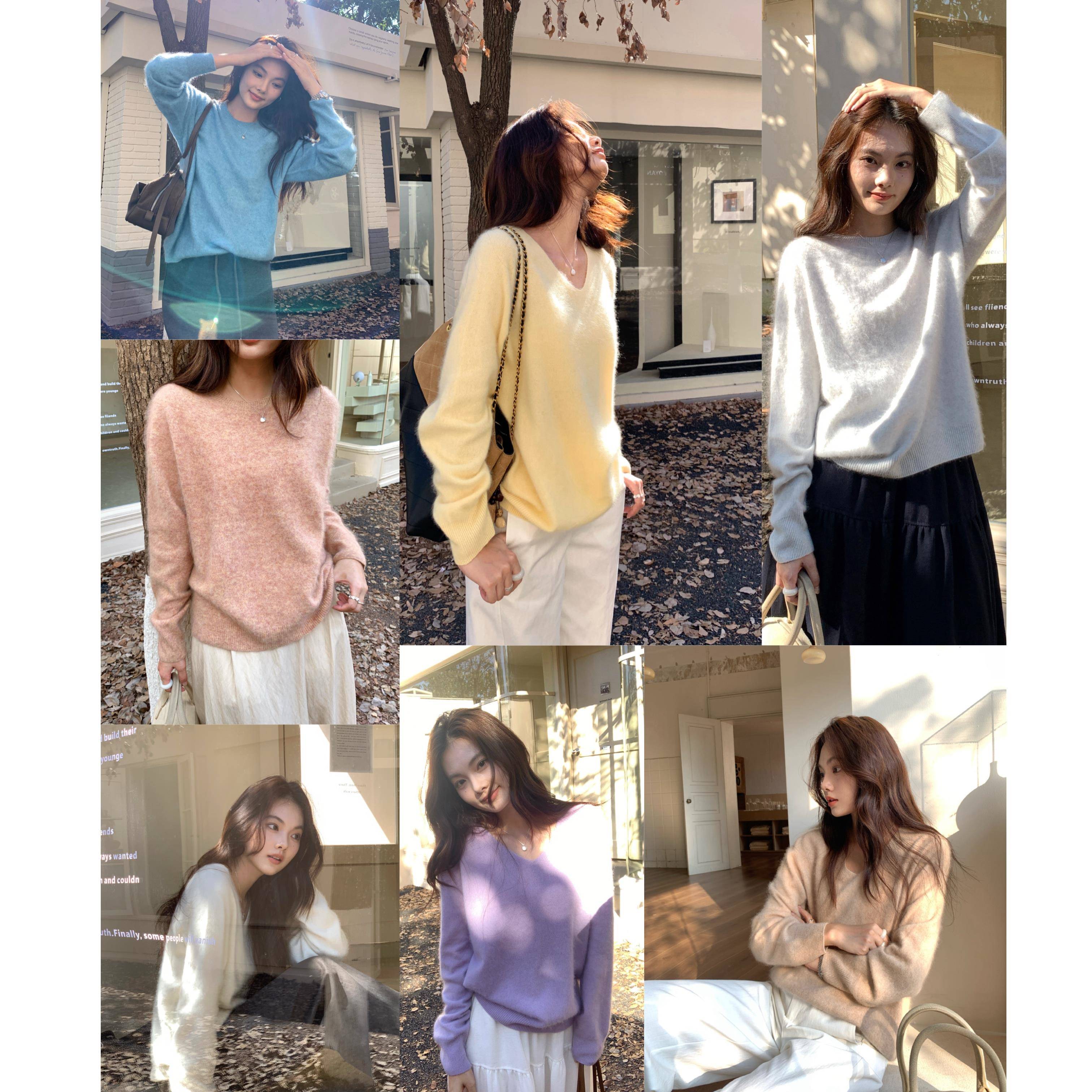 Ahui 新款拉毛款羊毛羊绒圆领v领长袖针织衫调色盘毛衣女秋冬新品