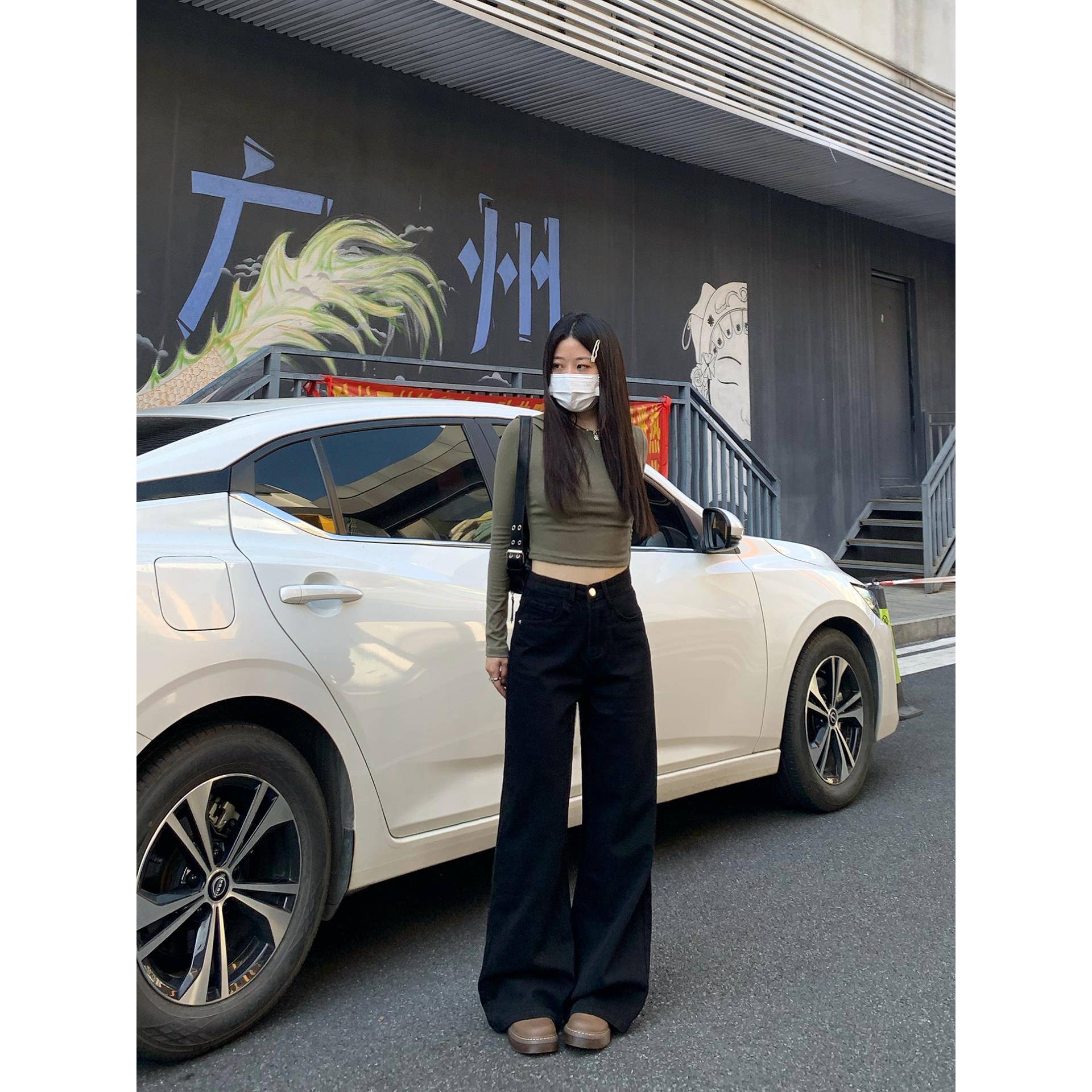 纯哥家黑色阔腿垂感牛仔裤女2025秋冬新款百搭高腰宽松显瘦拖地裤