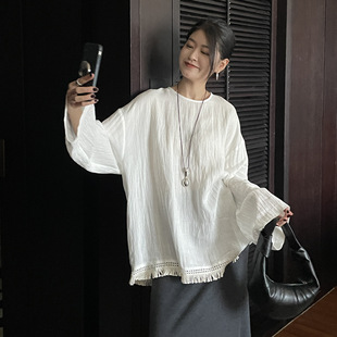 小衫 7318素予秋简约复古流苏边长袖 宽松显瘦优雅百搭通勤休闲