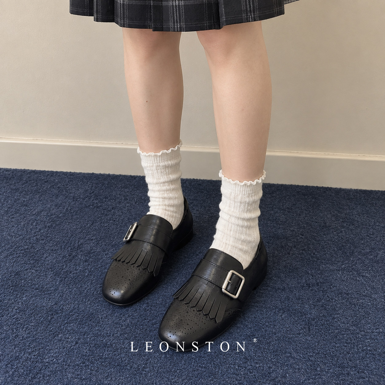LEONSTON【流苏内增高】头层牛皮布洛克雕花流苏复古英伦乐福鞋女