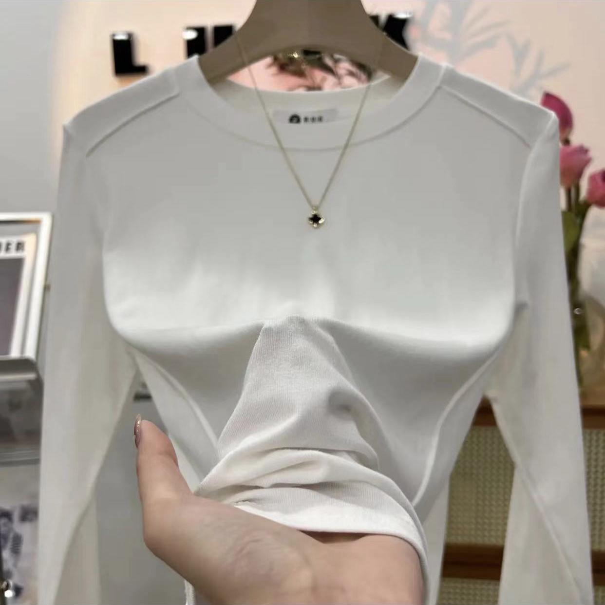 欧货白色长袖t恤女秋季2024新款独特别致鱼骨上衣修身打底衫女潮