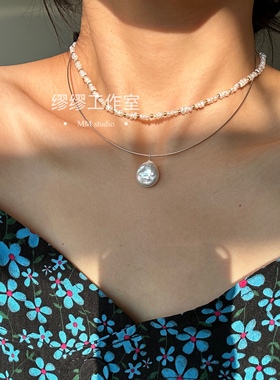 925纯银回弹项圈天然淡水珍珠不规则巴洛克大石头锁骨项链礼物