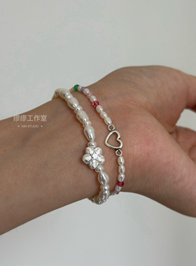 一朵小花～闪亮拉丝925纯银小花朵珍珠手链新品小清新送女友礼物