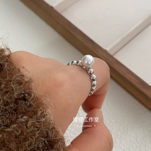 清冷感单颗天然淡水珍珠925纯银戒指开口圈可调节简单百搭时髦ins