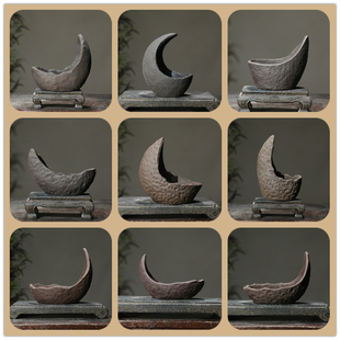 紫砂花盆南蛮盆异形盆创意手工月亮盆月牙盆陶瓷悬崖盆景盆觅陶乡